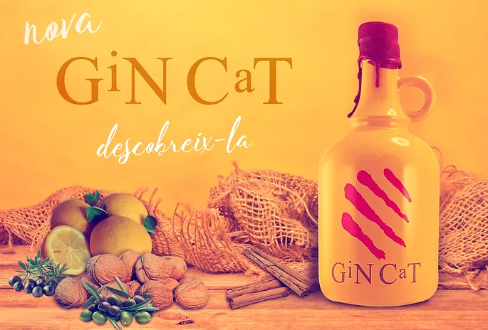 Fondo naranja, con botella de GiCat y frutas varias.